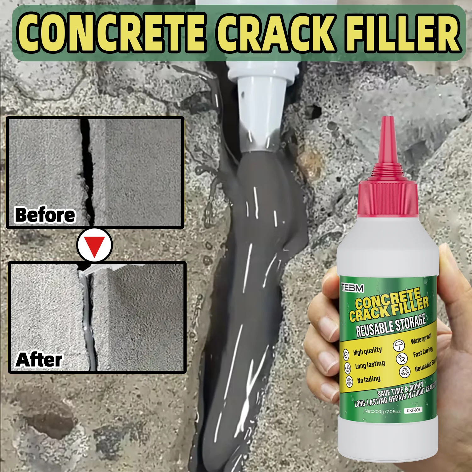 Concrete Crack Filler — Flexible Repair Sealant & Waterproof Crack Repair Agent — For Driveways, Patios, Walls, and Foundations