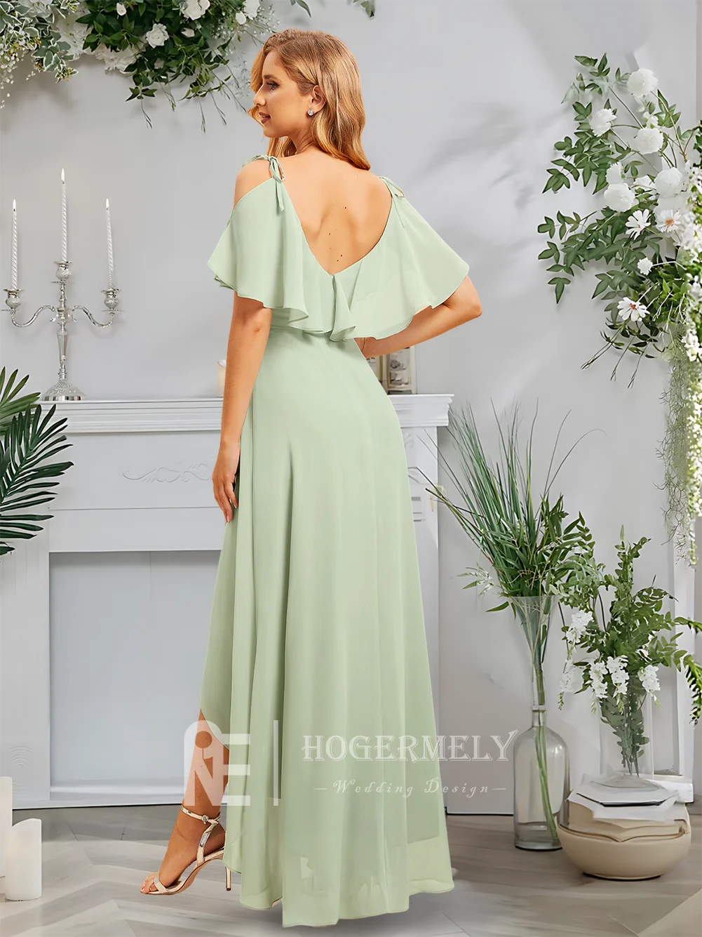 

B Elegant Celadon A-Line V-Neck Asymmetrical Chiffon Bridesmaid Dresses With Ruffle Spaghetti Straps For Wedding Party Evening