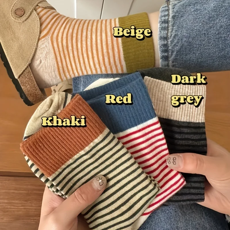 

5/10 Pairs Multi-Color Women's Striped Crew Socks - Preppy Casual Thick Stacked Socks with Side Stripes for Fall Winter Warmth