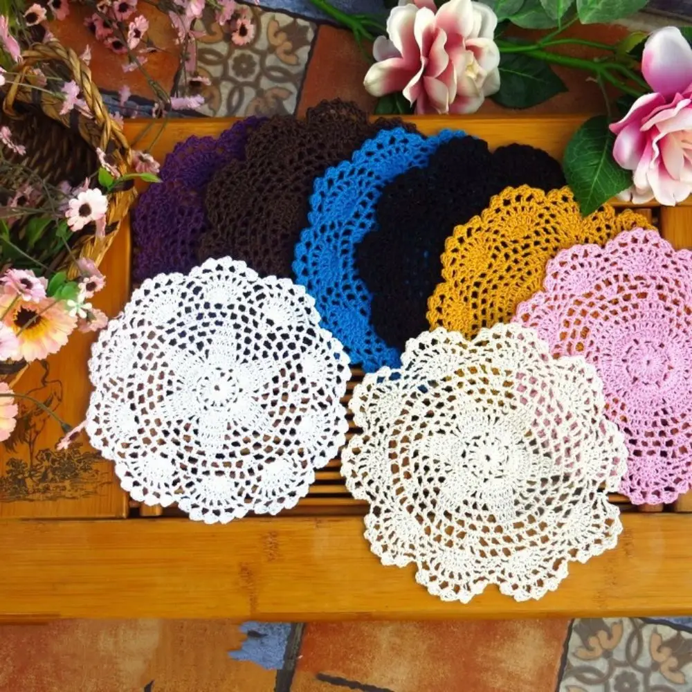 20cm Round Crochet Doilies White Beige Pink Blue Green Purple Lace Coasters Soft Decorative Table Placemats Vintage Home Napkins