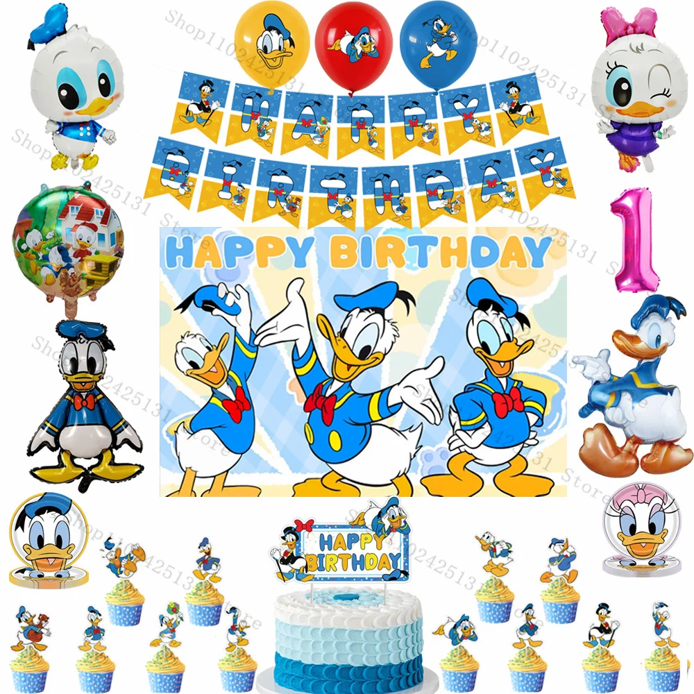 لوازم زينة حفلات أعياد الميلاد السعيدة من دونالد داك، بالونات ألومنيوم، خلفية كرتونية، لافتة علوية للكب كيك، هدية #1