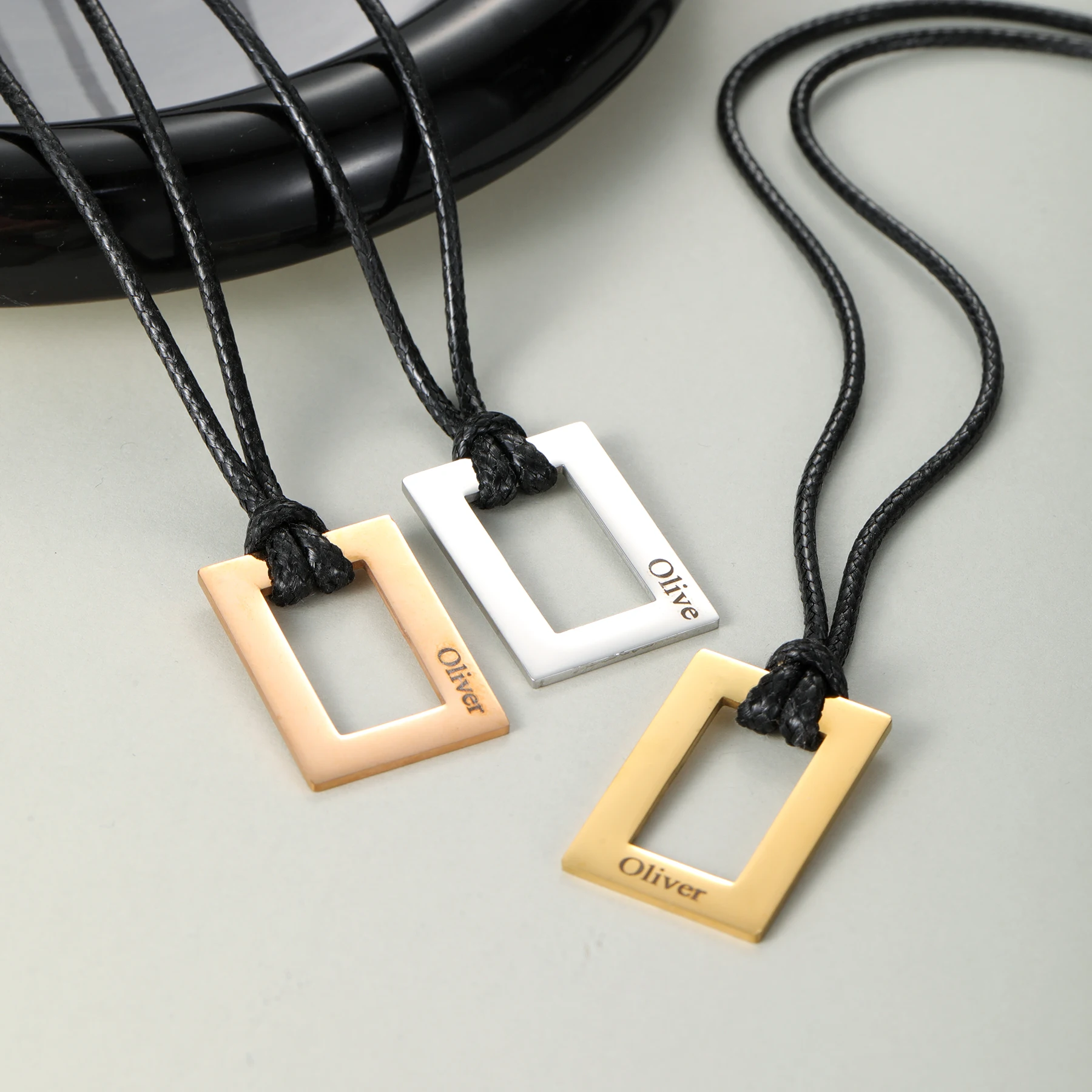 Rectangular Engraved Name Necklace Leather Cord Necklace Stainless Steel Custom Name Laser Husband Engraved Jewelry for Men Gift