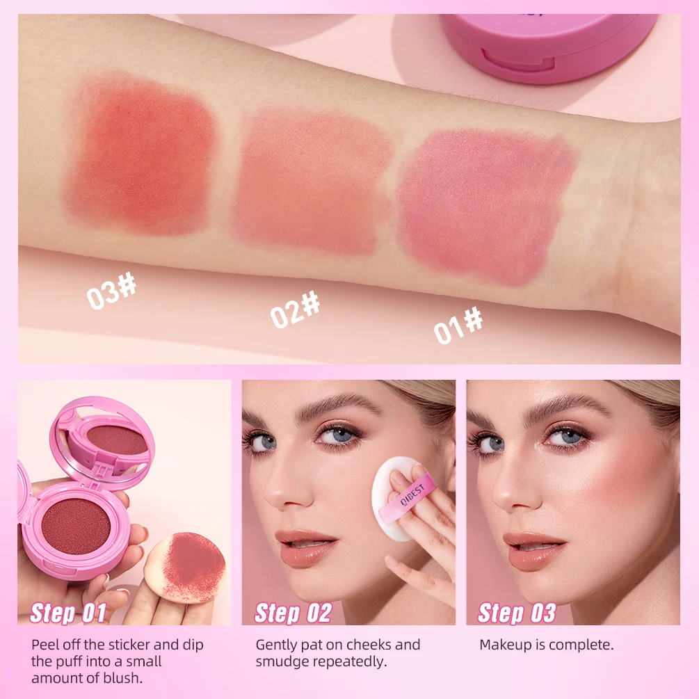 QIBEST Air cushion powder blusher Palette Long-lasting Natural Cheek Contour Tint Peach Pink Face Blusher Cosmetics Cheek Blush