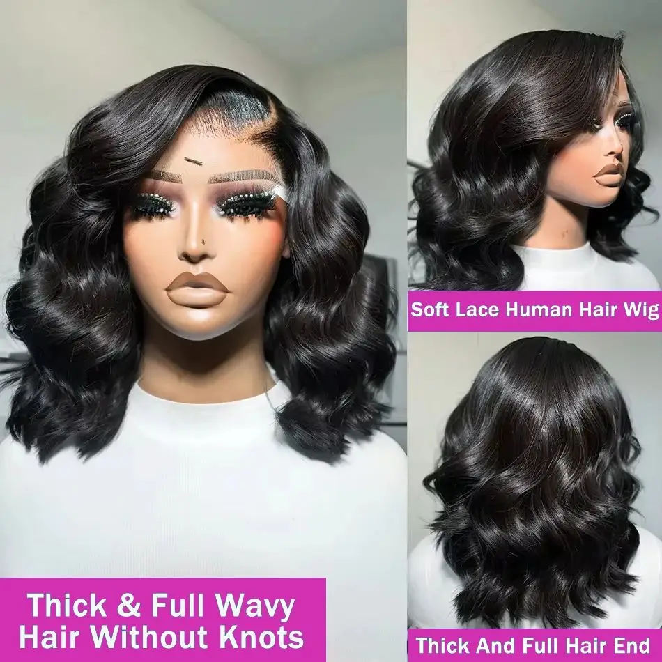 200% Density Loose Wave 13x4 Frontal Short Bob Wigs 100% Remy Human Hair Natural Black 4x4 Closure Body Wave Bob Wigs For Women