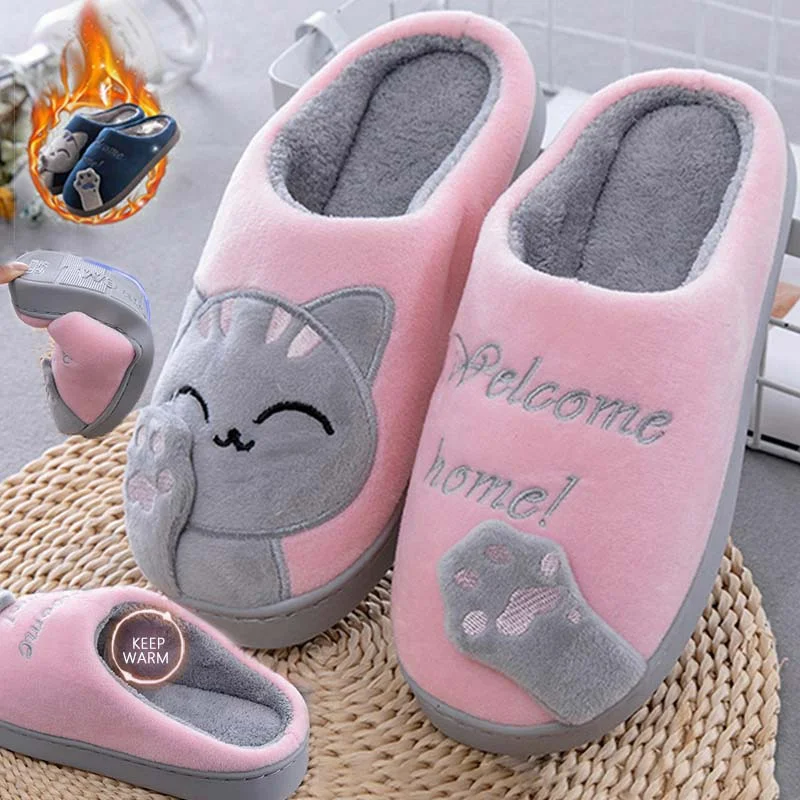 Winter Plush Flat Slippers Warm Cute Cartoon Embroidered Round Toe Flats Indoor Women\'s Bedroom Shoes Zapatillas Casa Mujer