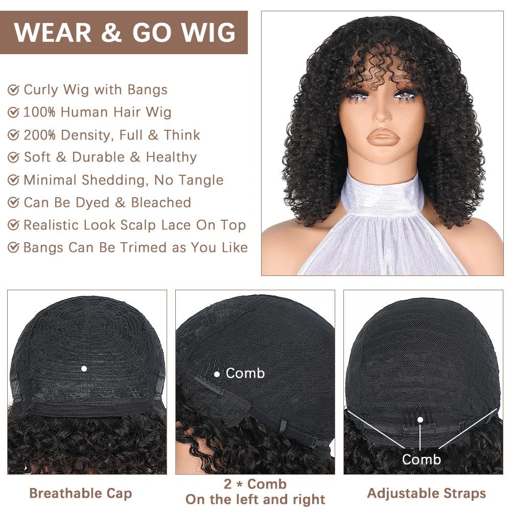 Short Bob Curly Human Hair Wigs with Bangs Natrual Black Glueless Brazilian Human Hair Kinky Curly Fringe Wigs for Black Women image 5