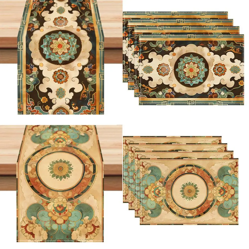 

10pcs Bohemian Table Runner And Placemats Set Polyester Printed Floral Patterns Hand Washable Tablecloth For Dining Room Tables