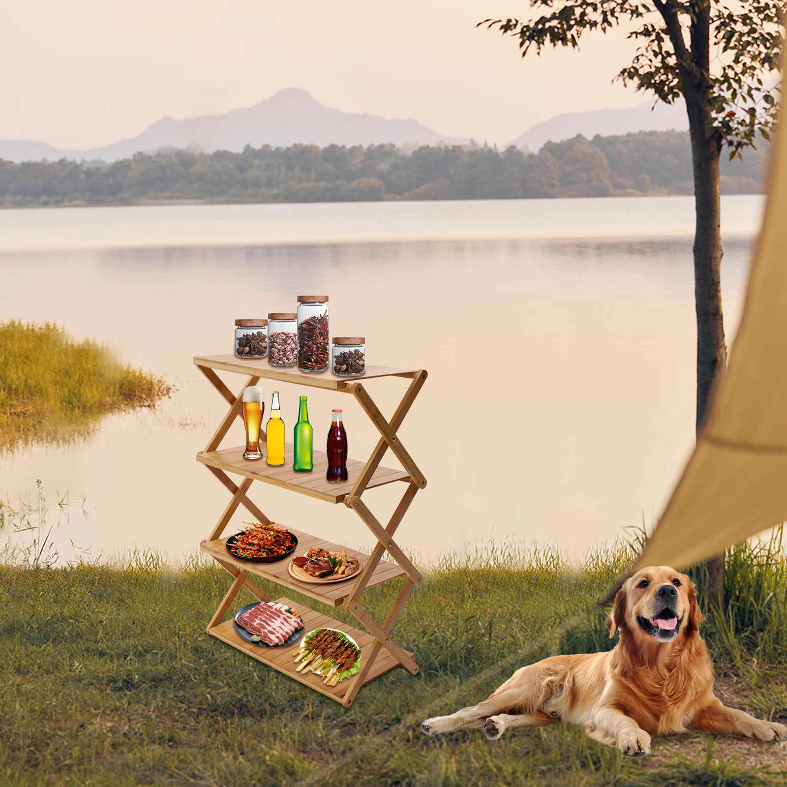 

4-Tier Foldable Outdoor Picnic Table, Portable Bamboo Outdoor Shelf for Outdoor Kitchen, RV for Picnic, BBQ (One Second Expand)