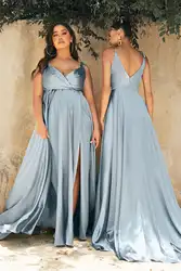 Abito da damigella d'onore in raso con spacco laterale arricciato con spalline Sexy abito da sera formale da sposa elegante 2024 Plus Size abito per occasioni speciali