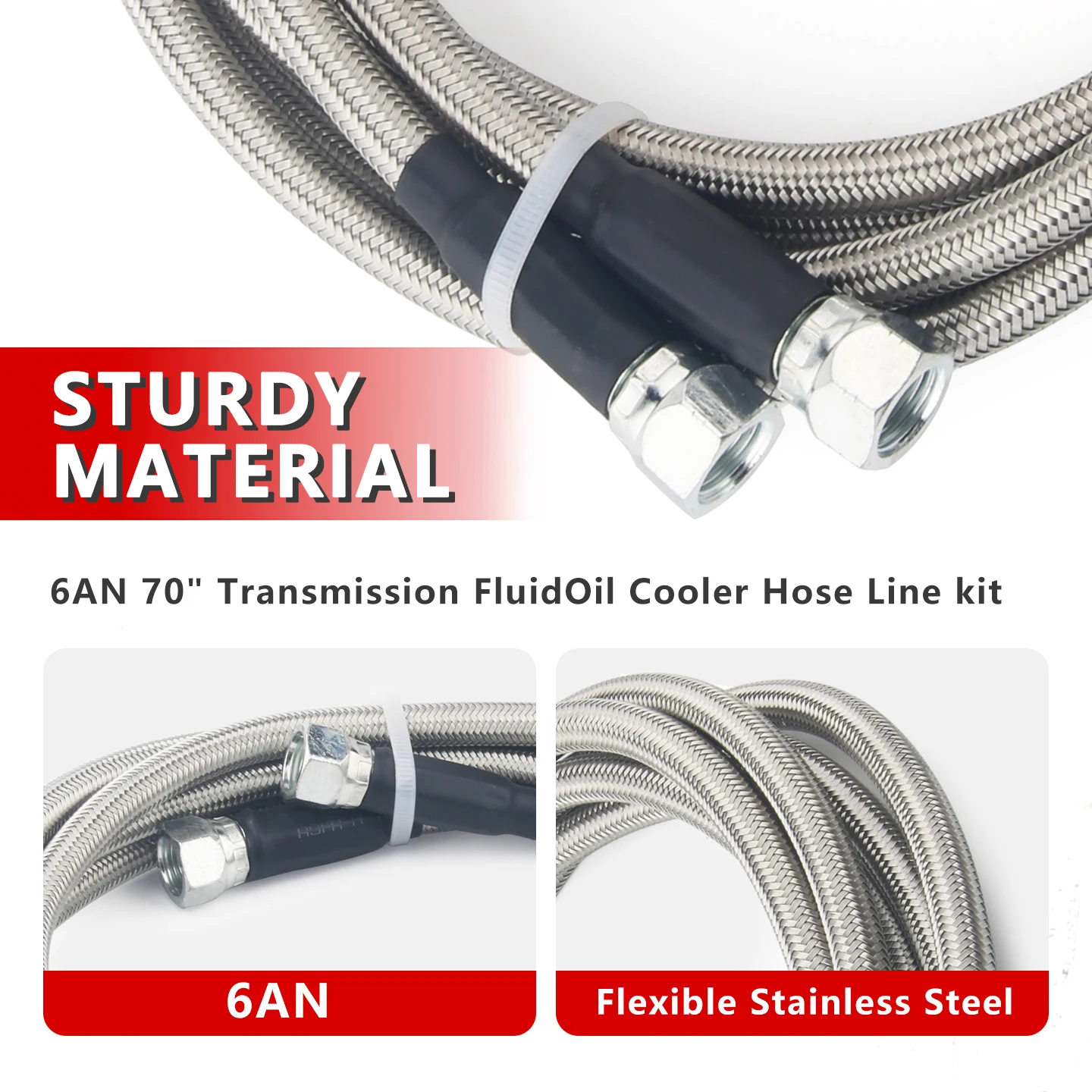 6AN 70" Stainless Steel Braided PTFE Hose Transmission Fluid Oil Cooler Hose Line kit for GM Chevy Transmission 4L80E 4L60E view 6