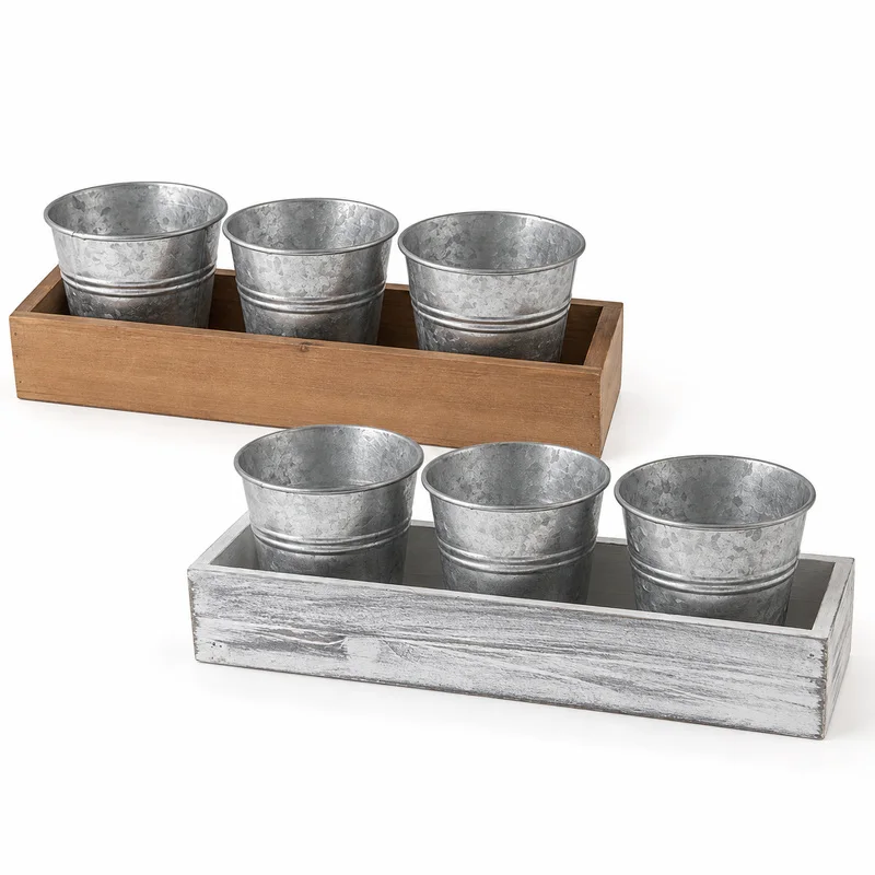 3 Galvanized Metal Flower Buckets with Wooden Tray, Rustic Farmhouse Planter Set for Herbs Succulents Tabletop Home Garden Decor