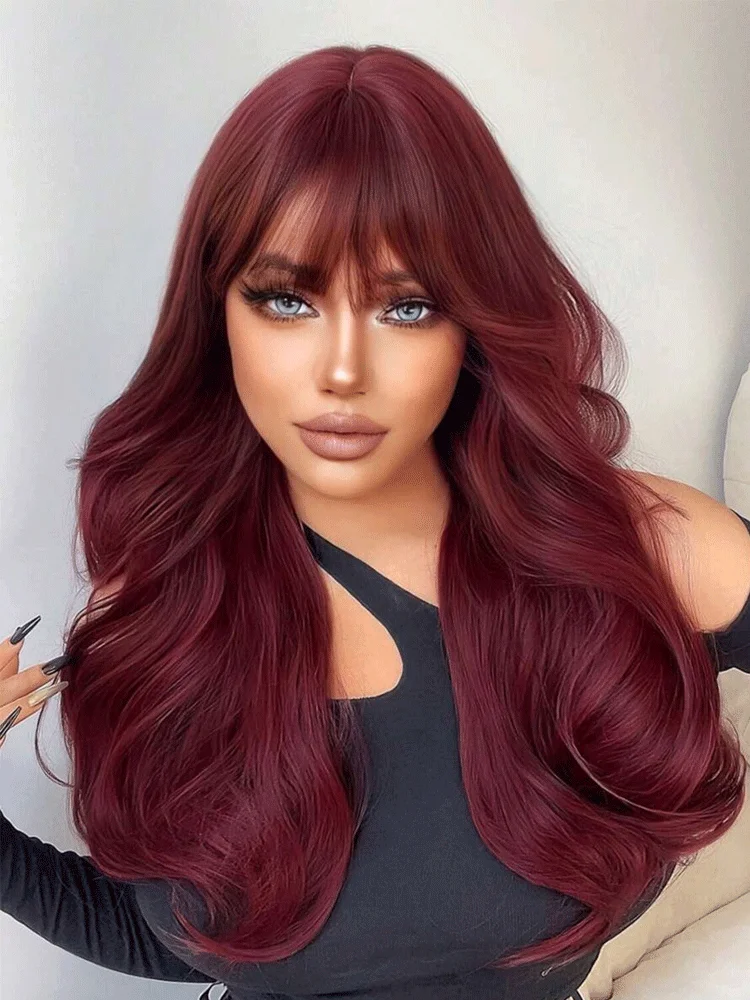 Popular Burgundy Long Curly Wavy Wig With Bangs Synthetic Wig For Women Fashion Curly Head Cover For Girls Daily Party Use