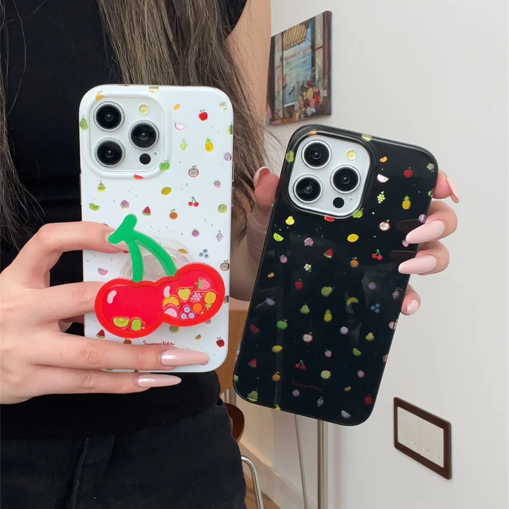 

INS Glitter Fruit Phone Case Cute Cherry Stand for iPhone 17 Pro 16 Pro Max 15 14 13 Protective Cover Fashion Cases Funda 16Pro