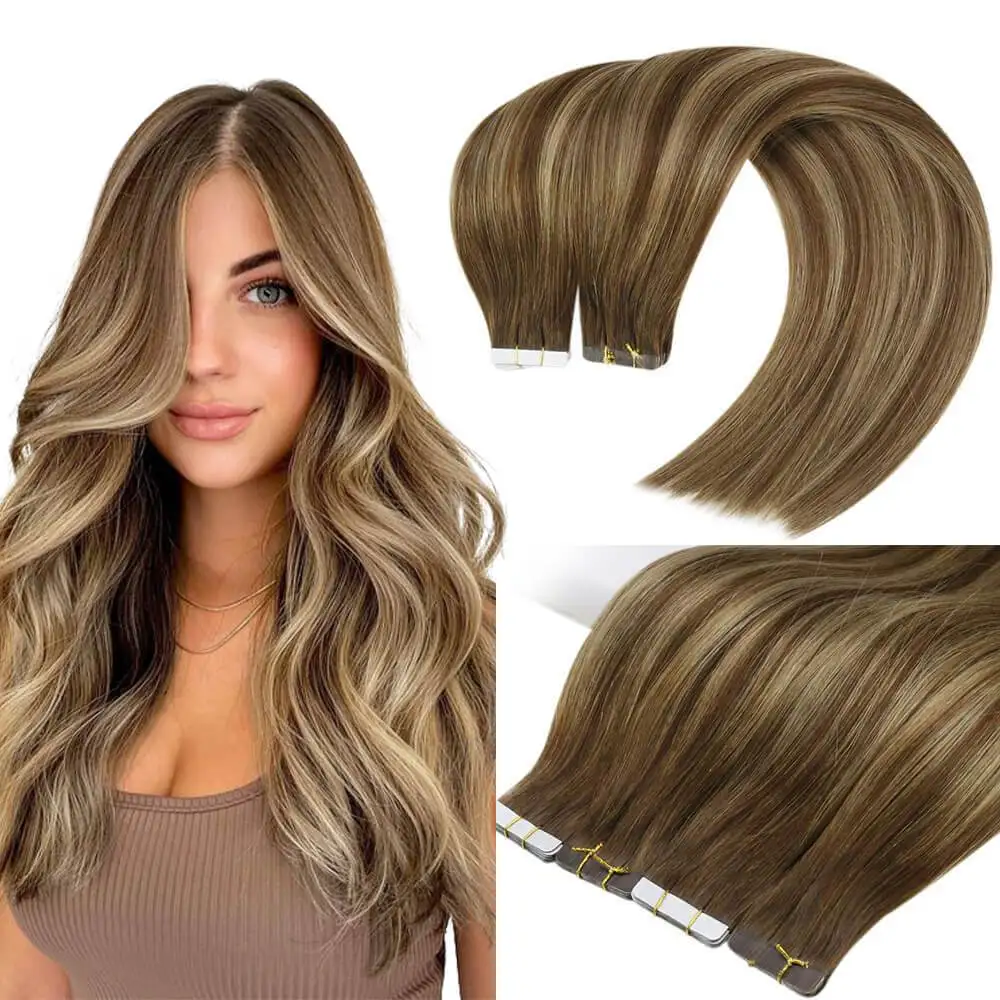 LaaVoo Invisible Tape in Hair Extensions For Women Balayage 10P&20P 100% Real Human Hair 12 Months Vrigin Seamless Tape in Hair