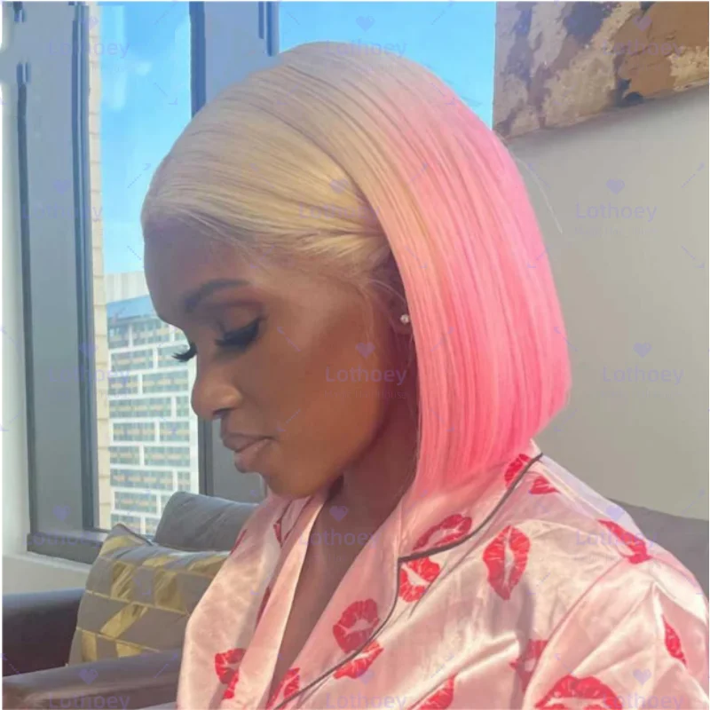 Ombre Pink Short Bob Wig Human Hair Straight Blue Lace Frontal Wig With Natural Hairline Pre Plucked Short Human Hair Wigs