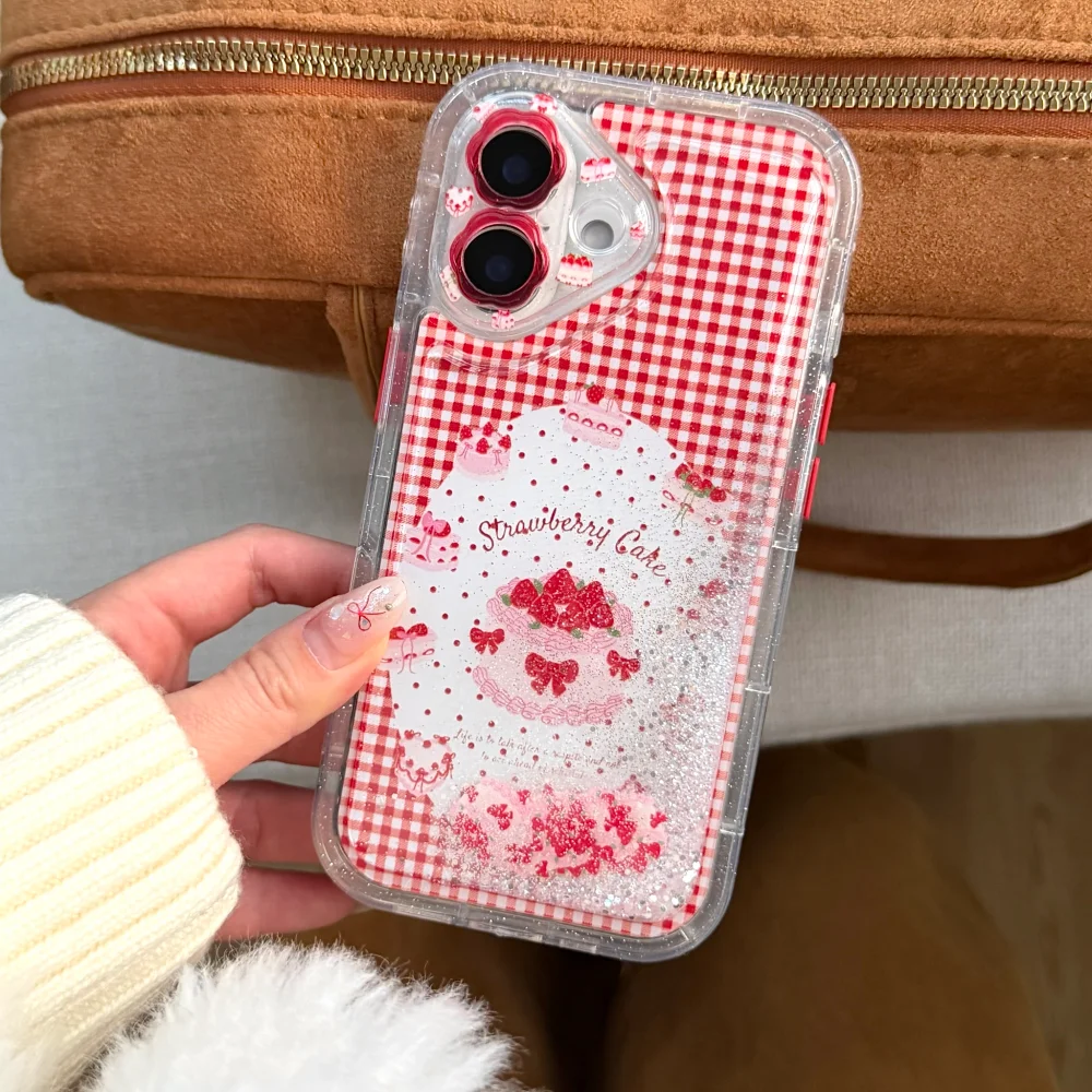 

Fashion cute quicksand plaid strawberry cake phone case for iPhone 17 16 ProMax 14 15 Pro Korean INS shockproof protective cover