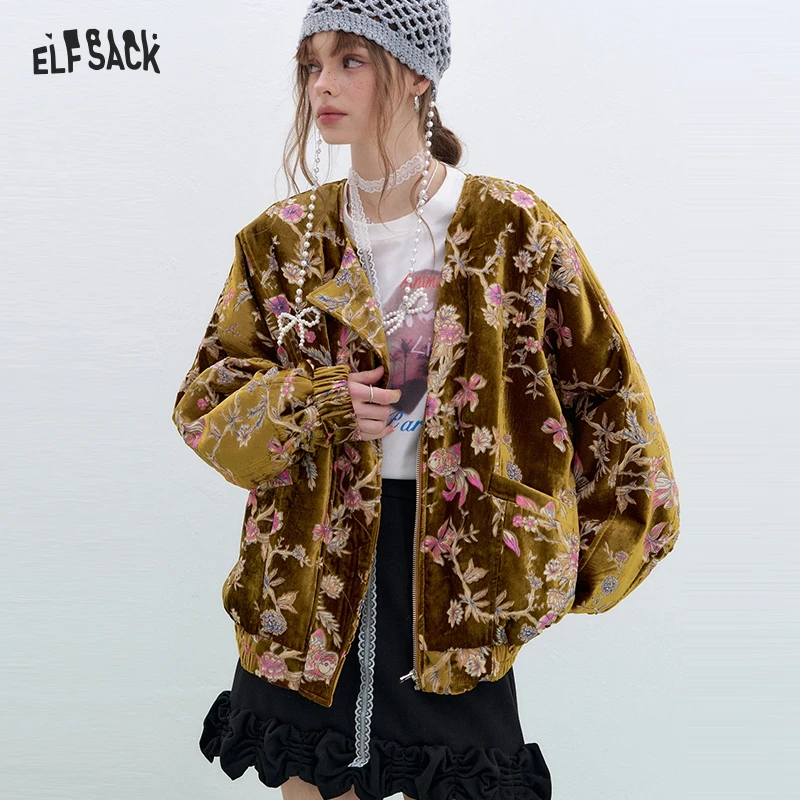 ELFSACK Gold Velvet Jacket 2026 Women's Winter Short Coat, Embroidered Goldfish Chinese Style Vintage Loose Padded Jacket