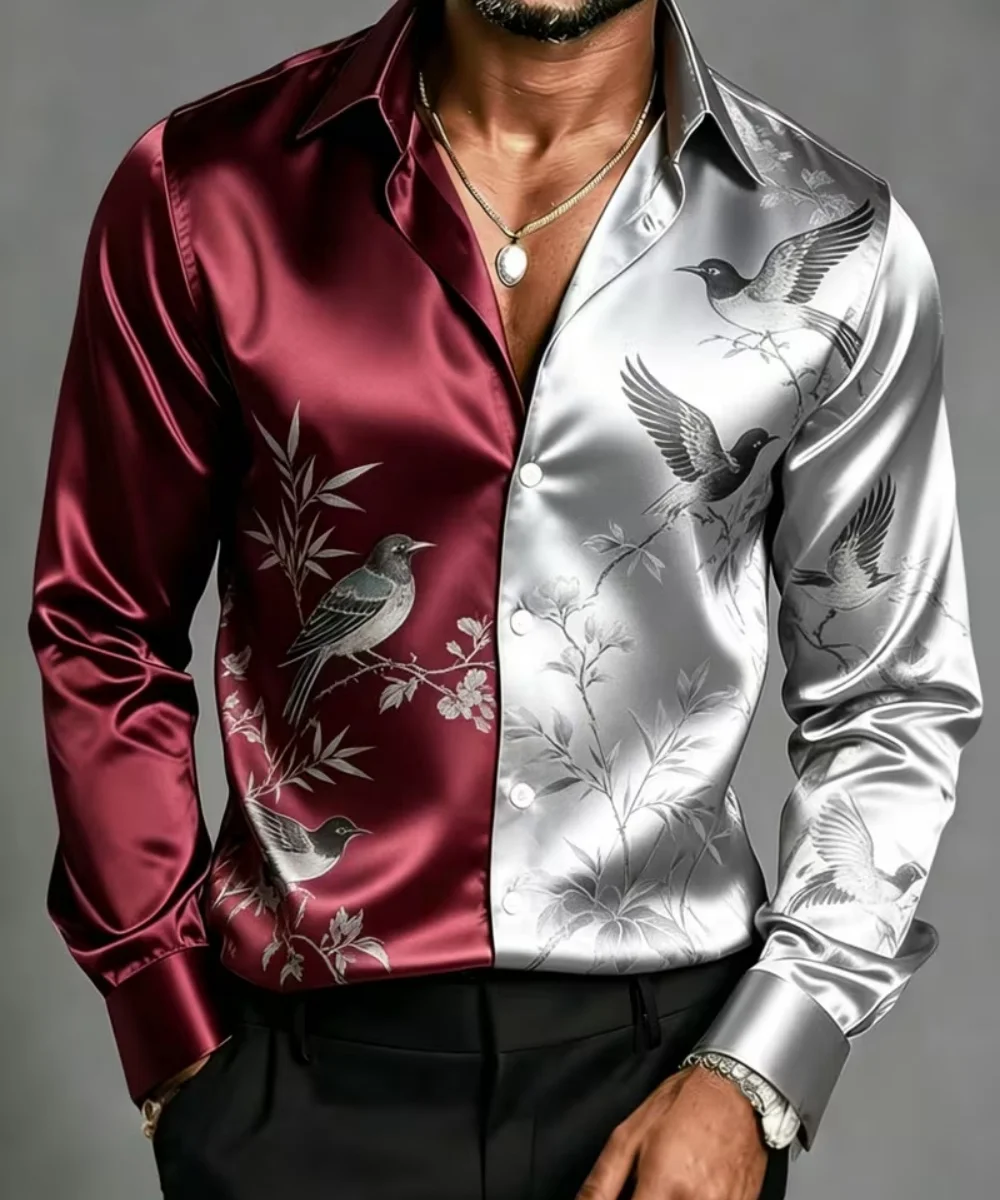 Men's Satin Silk Long Sleeve Baroque Floral Print Dress Shirt Slim Fit Casual Formal Top for Party