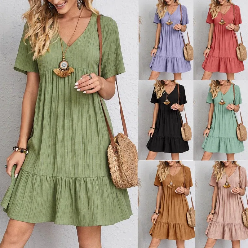 Summer Dress Women 2024 Solid V Neck A-Line Casual Loose Short Sleeve Mini Beach Dress Vintage Harajuku Fashion Woman Clothes