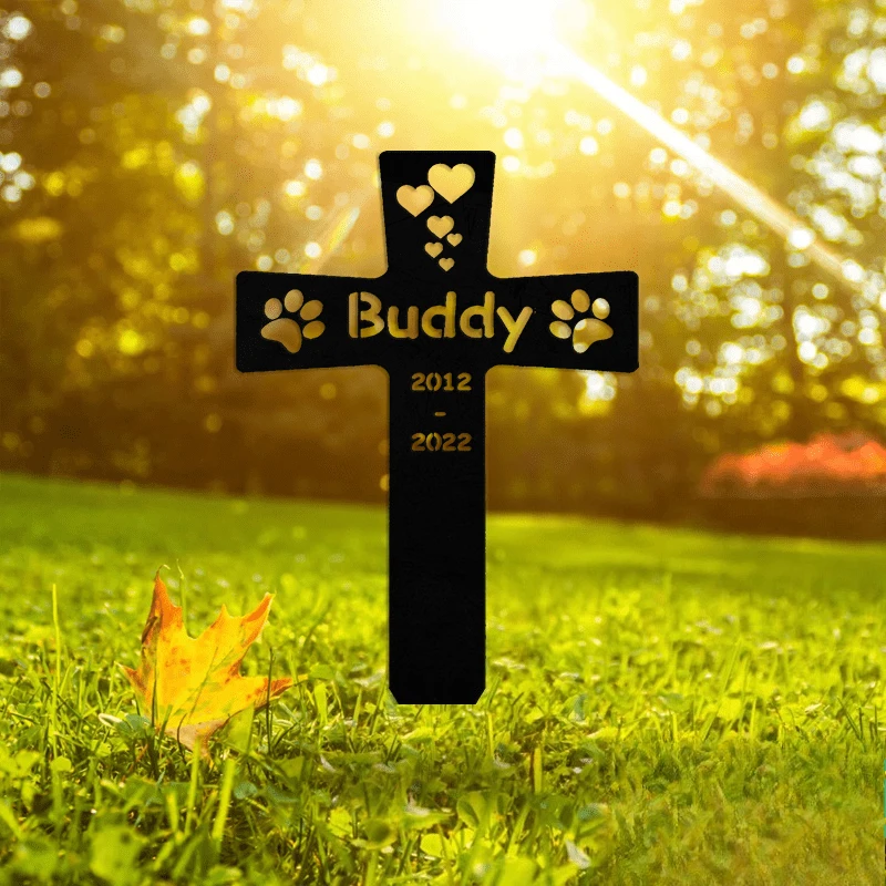 Special Metal Stake: Personalized Dog Paw Print Tombstone Marker - Cross Garden Stake for Pet Loss - Dog Mom Gift image 3