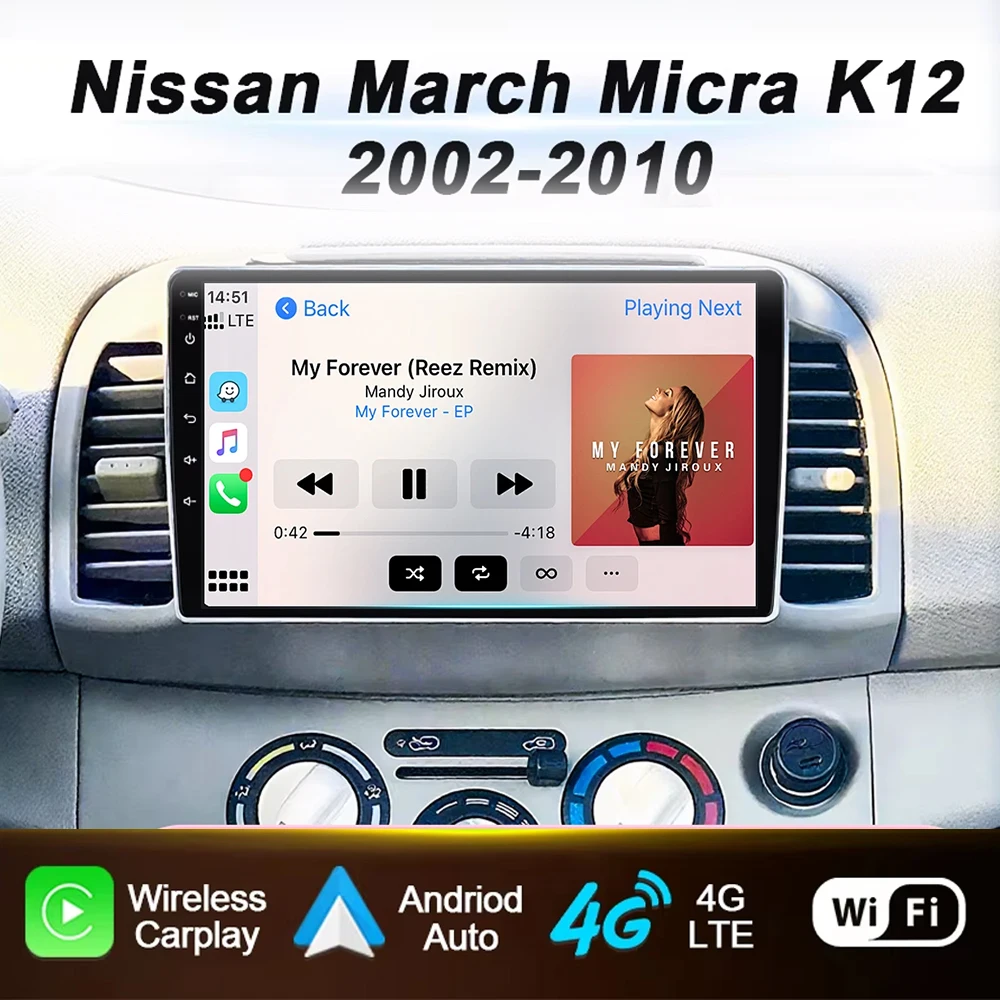 Radio para Auto Nissan March Micra K12 2002 - 2010, Reproductor Inalámbrico Carplay Android Auto, Multimedia, Video, GPS, Navegación, Pantalla, DVD