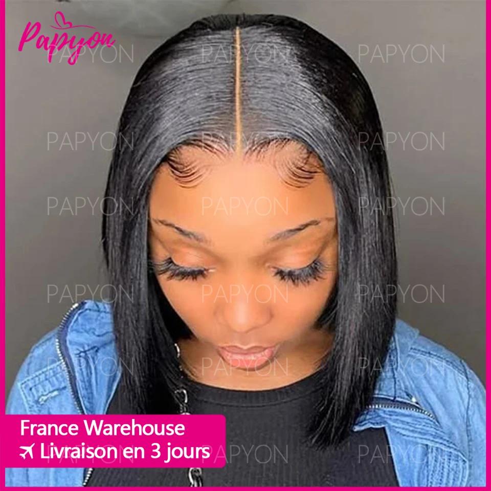 Perruques courtes Bob cordon élastiq Droites Sans Colle Prêtes  Porter Perruques de Cheveux Humains en Dentelle Prédécoupées 15A