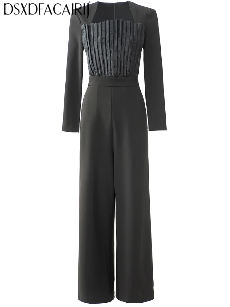 DSXDFACAIRIJ Women's Square Collar Long-sleeved Splice Design Spring Summer New model Solid Office Lady Temperament Jumpsuit