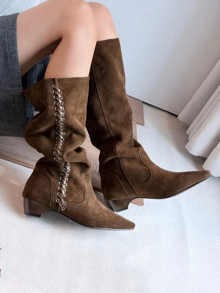 BANFANG 4CM Pointed Toe Suede Knee High Boots Women Soft Genuine Leather Side Woven Slouchy Chunky Heel Western Shoes