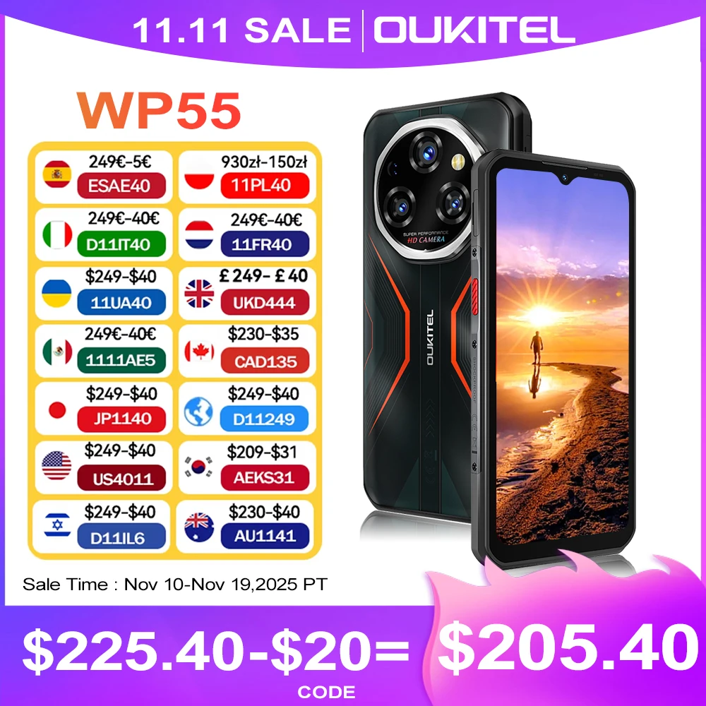 World Premiere OUKITEL WP55 5G Rugged Phones 6.6”FHD+ 12GB+256GB 108MP Rear Camera Android 15 Smartphone MTK Dimensity 7025