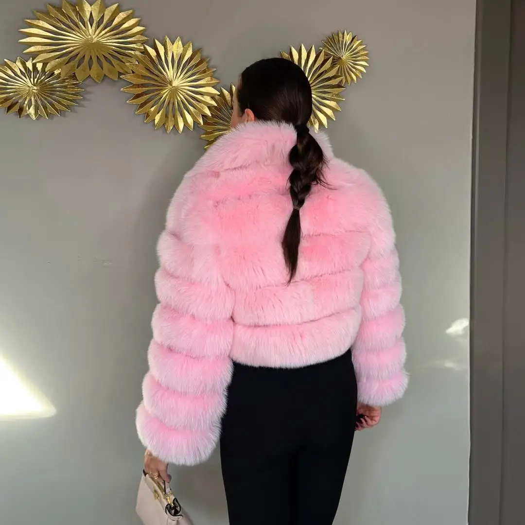 Fashion Pink Short Real Fox Fur Coat Lapel Collar Full Pelt Genuine Fox Fur Jacket with Zipper Winter Woman Thick Fur Outwear