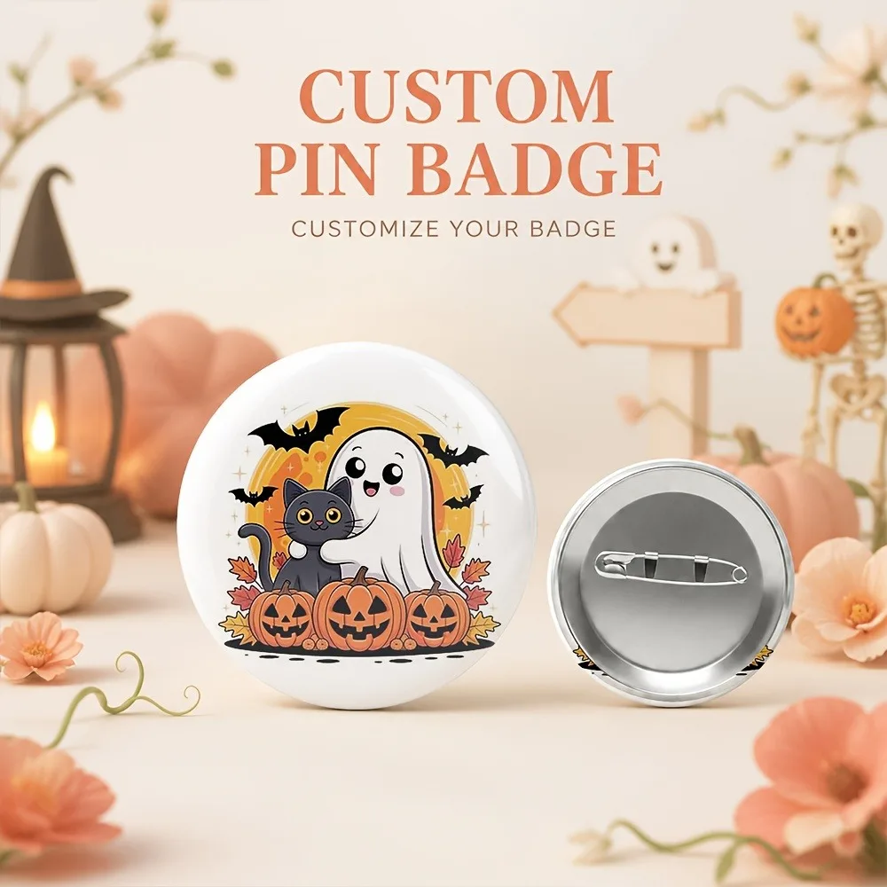 Fotos personalizadas para pines de insignia, película reflectante brillante plana 2D de Halloween, detalles de chaqueta casual, estilo pin de solapa, decoración para bolsas de mercado.