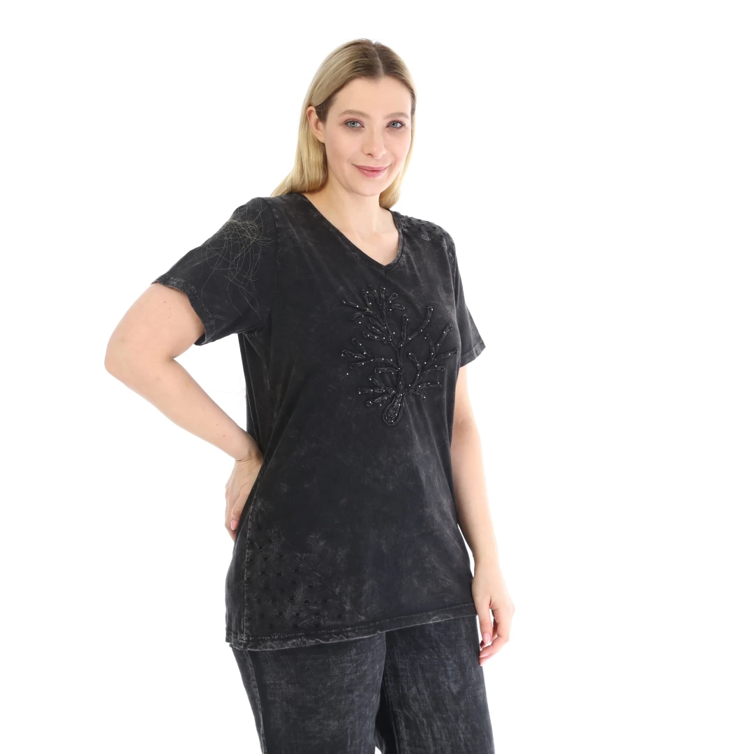 Diaves Woman Plus Size Summer Fashion Tree Figure Embossed T-shirt Self-Effect Acid-Flushing Track Suit Sets Turkish Quality