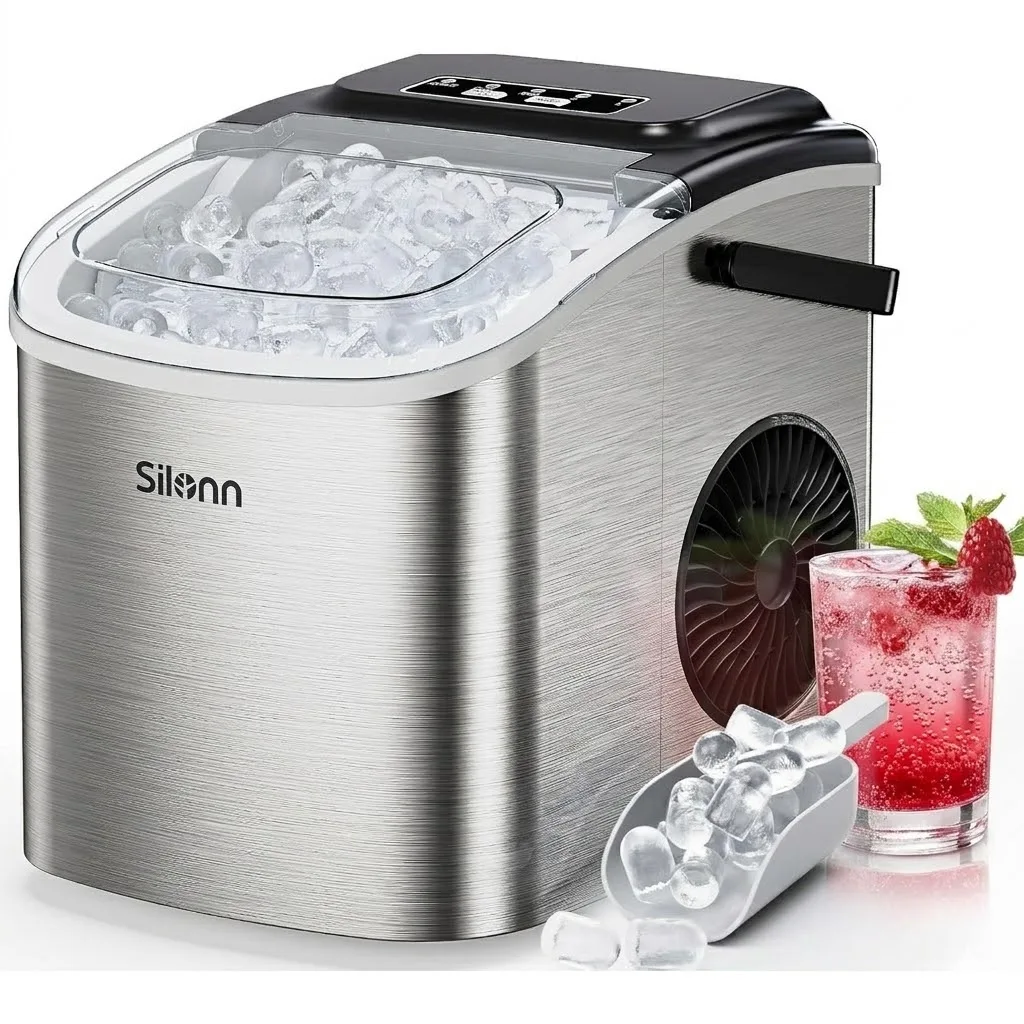 Silonn Eiswürfelmaschine, Kleine Eiswürfelmaschine mit Tragegriff, 9 Eiswürfeln in nur 6 Min., 12 kg Eis in 24 Stdn. Selbstreinigend Kompakt mit 2 Eisgrößen, Ideal für Küche Büro und Partys
