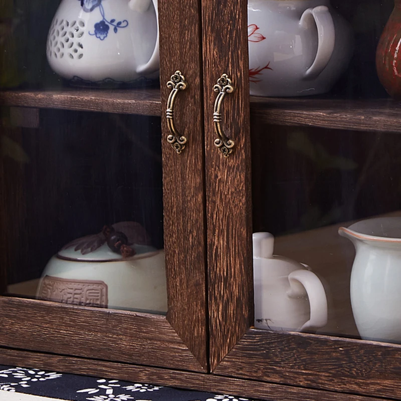 Solid wood kitchen tea utensils tableware organizer shelf storage teapot rack desktop dust tea roll-up door storage tea cabinet