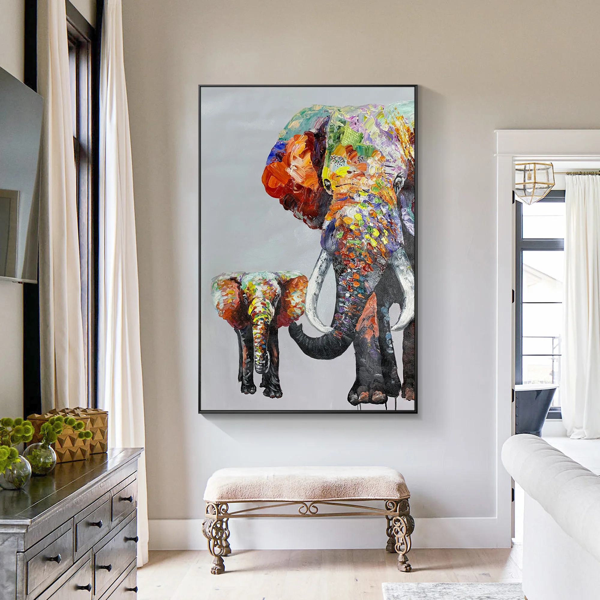 

Colorful Elephant Animal Acrylic Painting On Canvas Large Framed Wall Art Texture Hand-Painted Modern Home Decor For Living Room