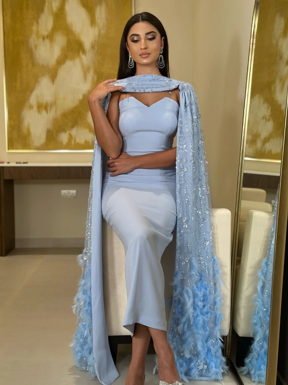 Customized Prom High quality Strapless Sheath Dresses Tassel Paillette / Sequins Stole Organza Evening woman elegant vestidos