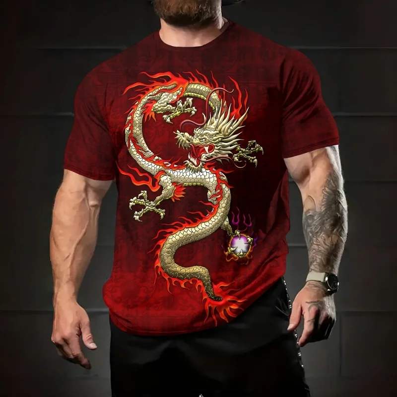 Men Vintage Red Chinese Golden Dragon Fire Pearl Print T Shirt Traditional Oriental Totem O Neck Short Sleeve Streetwear Casual