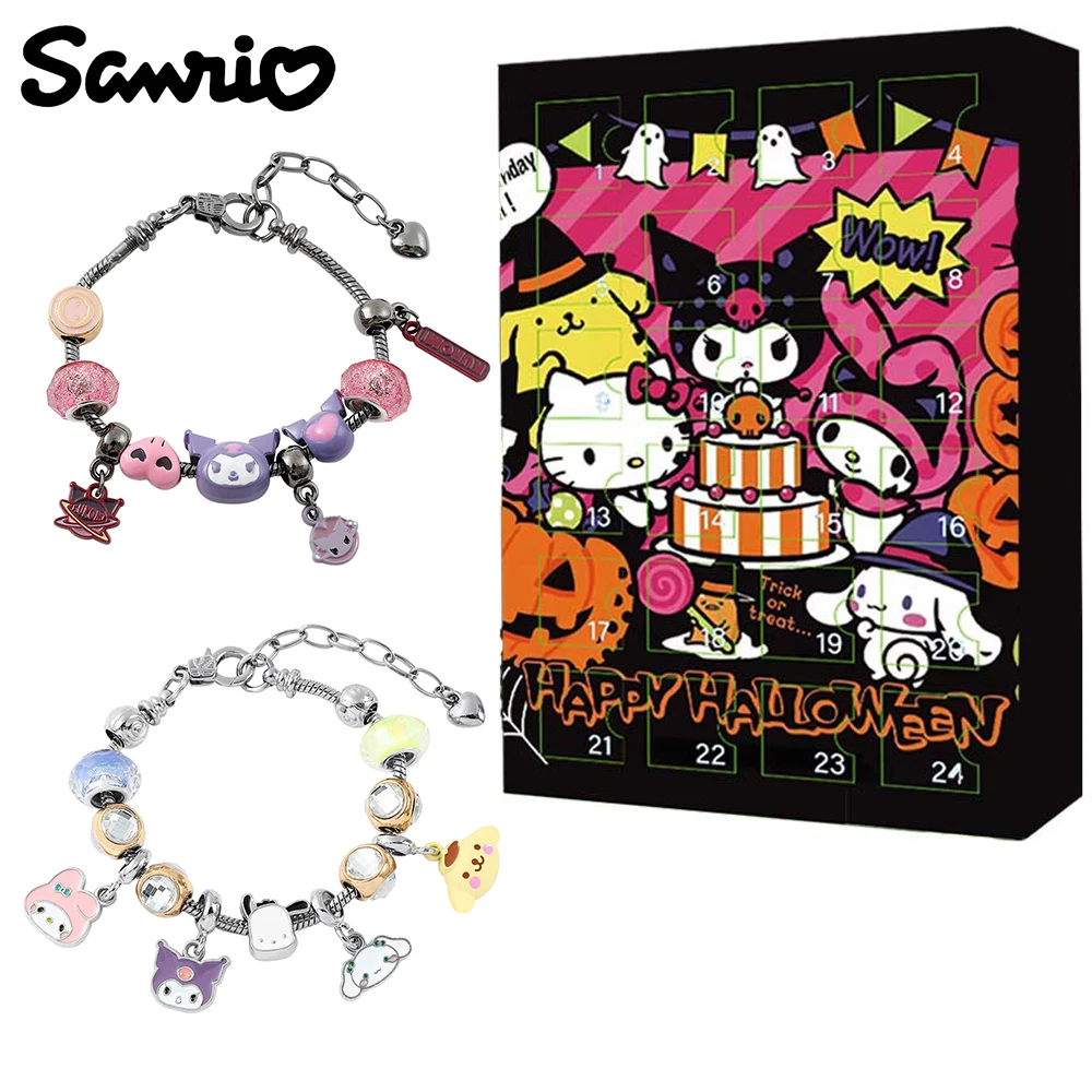 Sanrio Hello Kitty Kuromi สร้อยข้อมือรูปการ์ตูน Melody จี้โลหะสร้อยข้อมือฮาโลวีนกล่องเครื่องประดับชุดของขวัญ