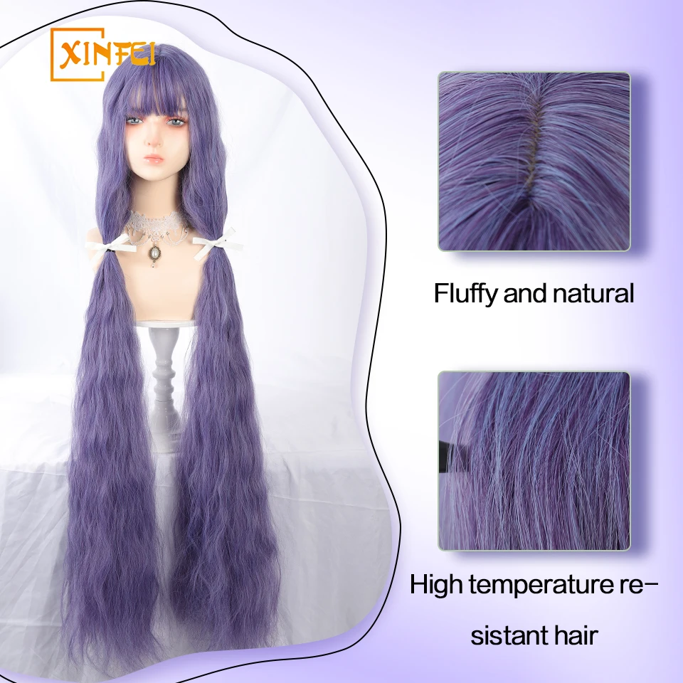 XINFEI 43 بوصة سوبر طويل مجعد متموج طويل الأرجواني بيروكات صناعية مع الانفجارات لوليتا تأثيري حفلة الهالوين الشعر الطبيعي #3