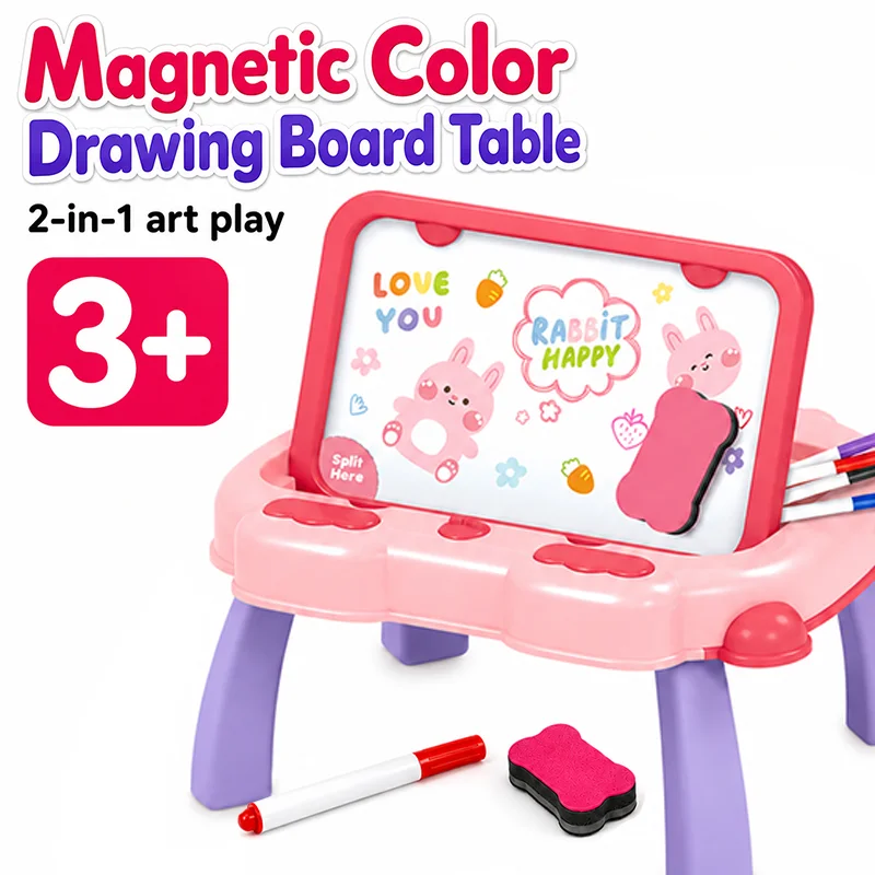 Kids Magnetic Drawing Board Table, Double-Sided Dry Erase & Chalkboard Easel, Portable Art Desk with Storage Tray, Red