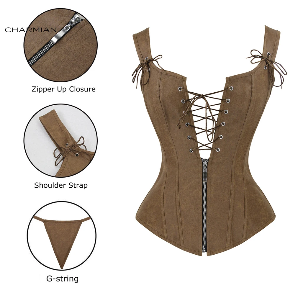 Charmian Women Renaissance Corset Sexy Vintage Plus Size Leather Zipper Brown Corset Bustier Top With Garters Steampunk Clothing