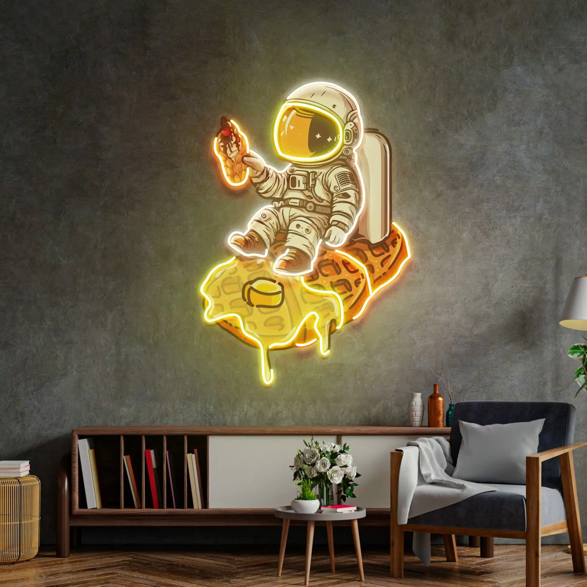 Astronaut On Waffle Custom Neon Sign Coffee Business Shop Wall Decor Neon Space Birthday Gift for Kids Teens Bedromm Game Room