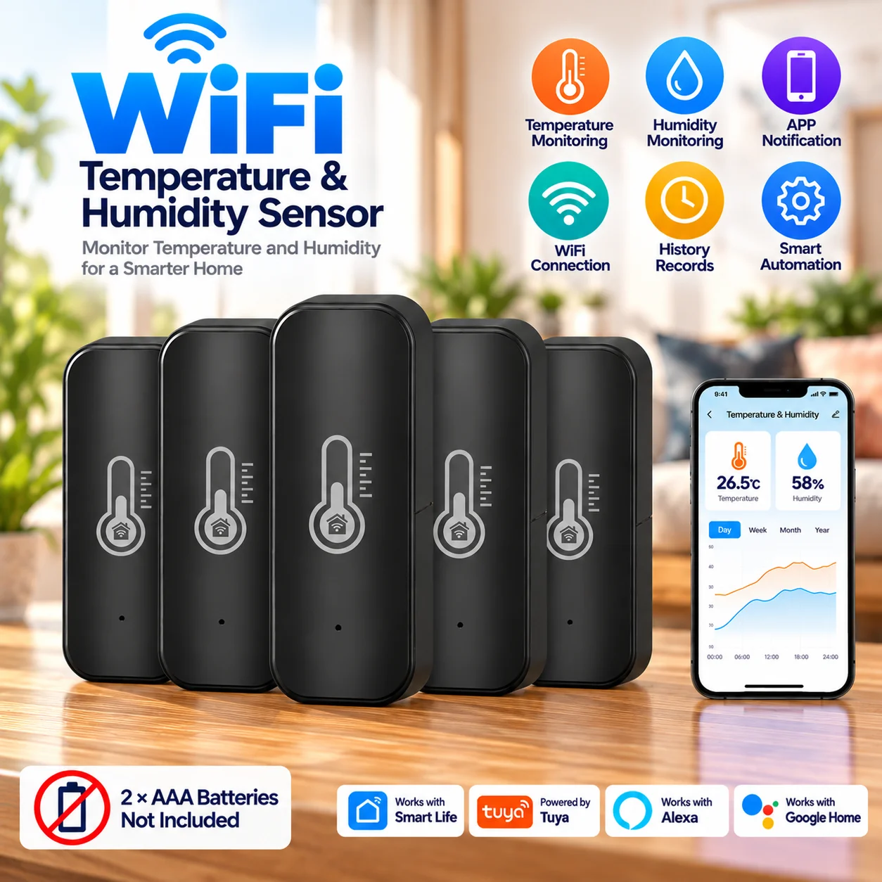 WLAN-Temperatur- und Feuchtigkeitssensor, Innenthermometer, Hygrometer-Überwachung, Kompatibel mit Tuya Smart, Alexa, Google Home