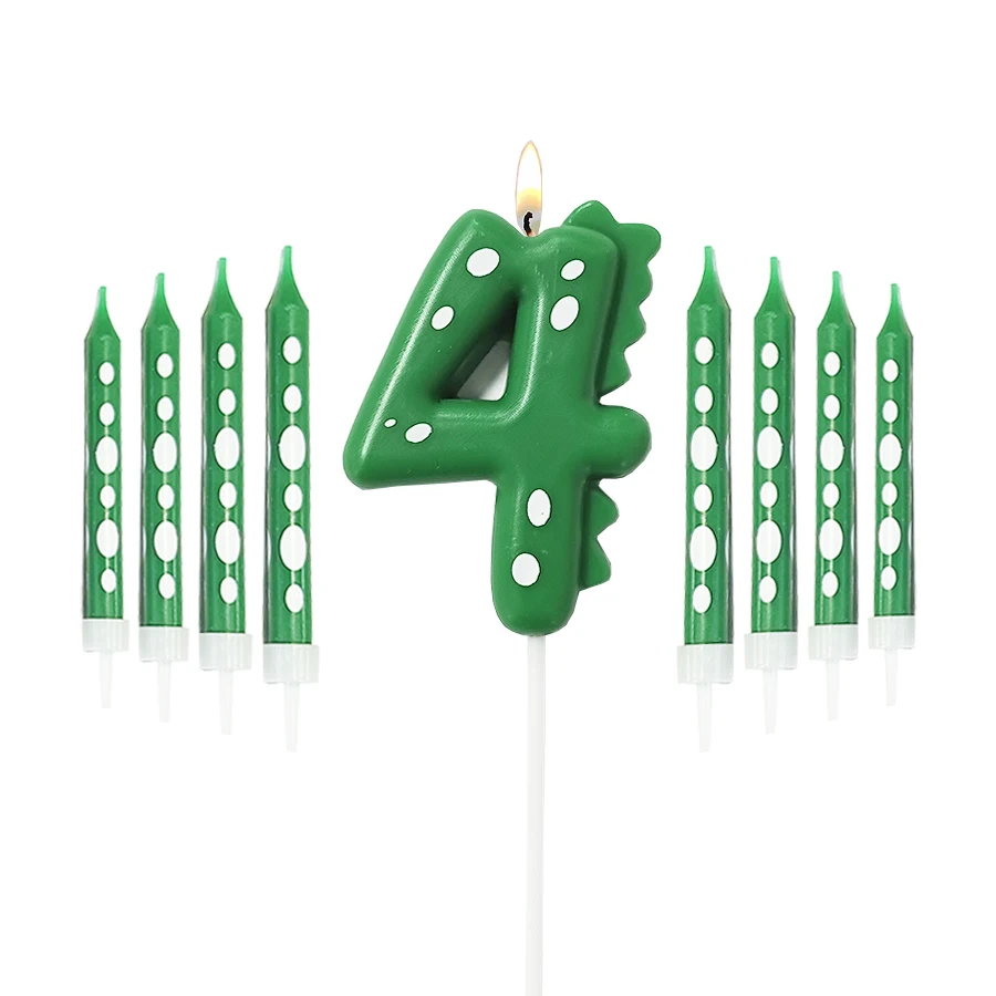 Grüne Dinosaurier-Zahlen 0–9 + 8 Stück grüne Kerzen „Happy Birthday“-Kuchenkerze für Kinder, Prinz, Party, Cartoon-Dinosaurier-Dekoration – Detail 5