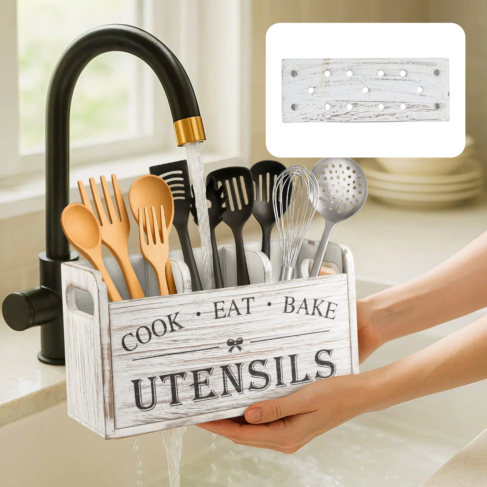 Wooden Kitchen Utensil Holder Caddy Organizer Rack