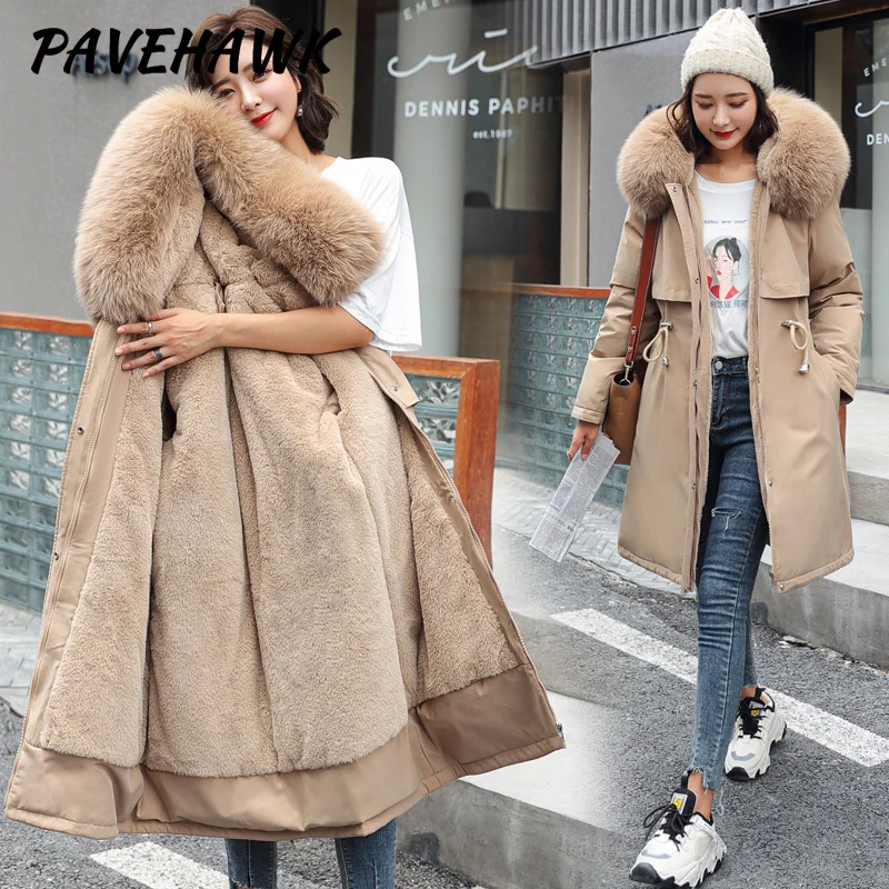 Women Winter Parka Warm Hooded Long Sleeve Zipper Thick Jackets Fur Collar Fleece Drawstring Long Coat Casual Streetwear Outwear