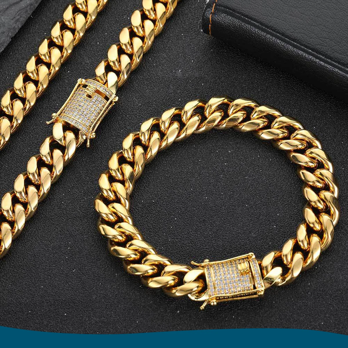 

10mm Gold Cuban Link Chain for Men - Stainless Steel Necklace & Bracelet with Zircon Clasp | Size 7.5"-30" | Luxury Hip Hop Chai