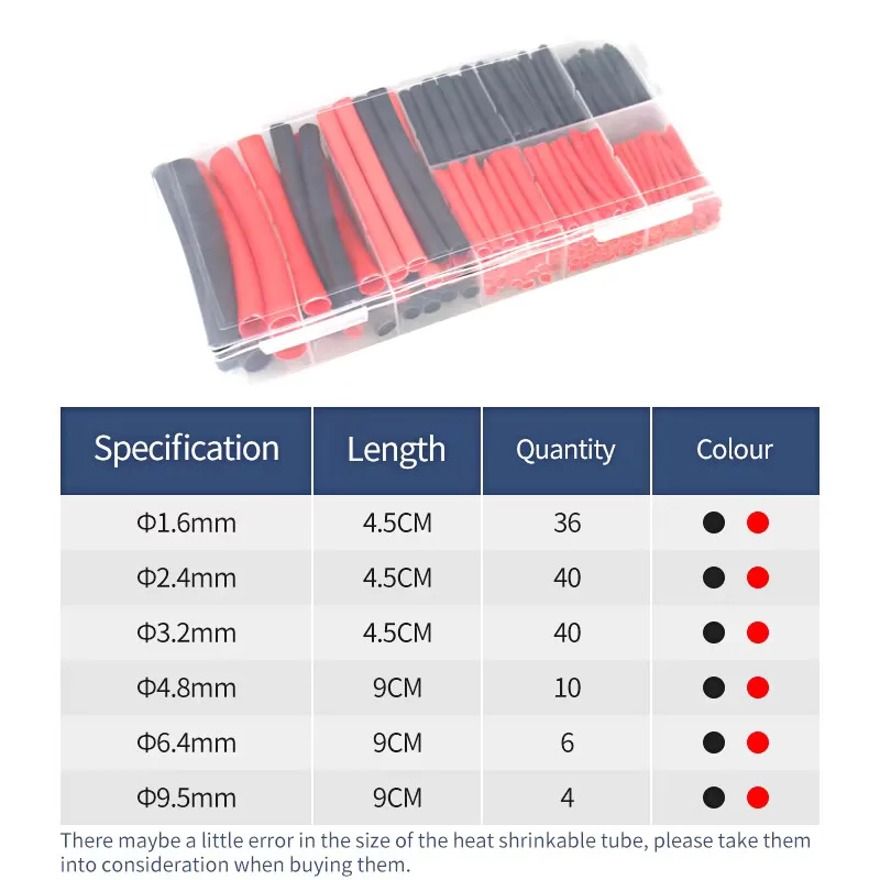 TOOSN 1.6mm 2.4mm 3.2mm 4.8mm 6.4mm 9.5mm Black Red Heat Shrink Tube Shrinkable Tubing Sleeving Wrap Wire kits 270 Pcs