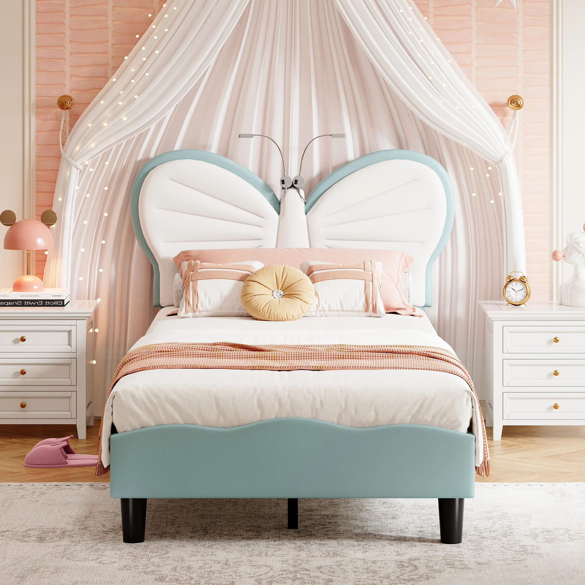Gestoffeerd bed 90x200cm, kinderbed met ledverlichting, gestoffeerd eenpersoonsbed met houten lattenbodem, bedframe voor meisjes, meisjesbedden met verstelbaar hoofdeinde, jeugdbed, roze/blauw
