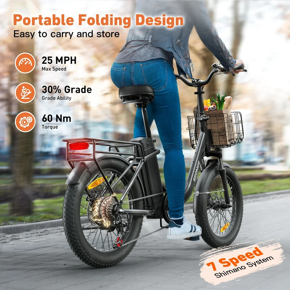 QRONGE Mirage Electric Bike 1000W Peak Folding Electric Bicycle 486Wh 70 Miles Range Ebike 7 Speed 25 MPH Max 20" Step-Thru Bicycle With Front Basket Waterproof Removable Battery image 7